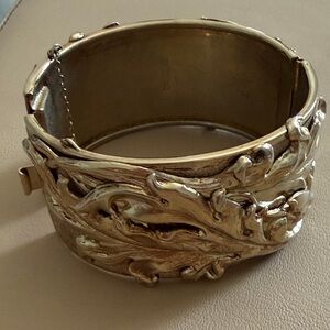 Ornate Sculpted Metal Cuff Bracelet - Gold Tone